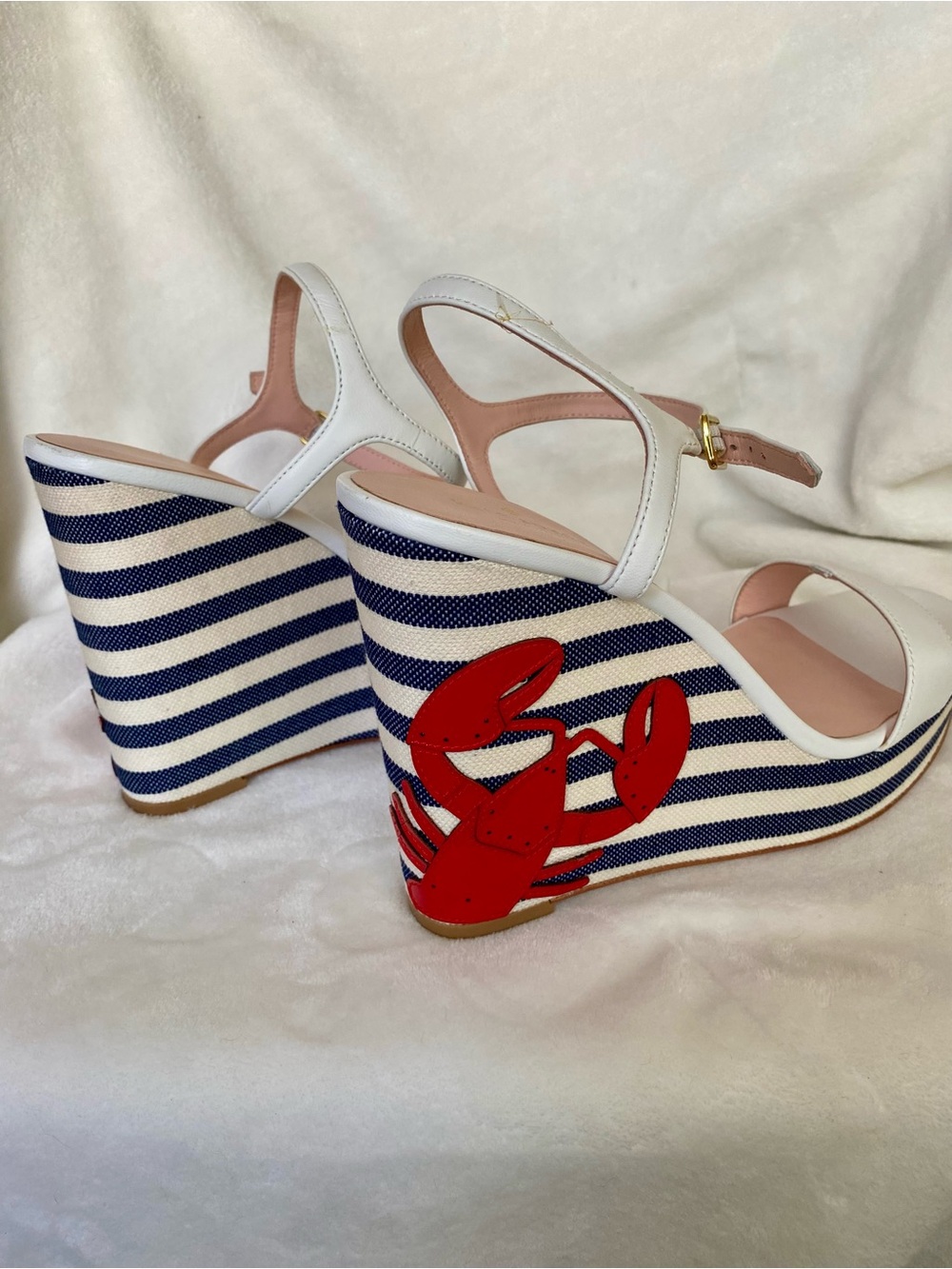 Kate Spade White Leather Stripe Wedge Sandals with Lobster Accent - Picture 7 of 7